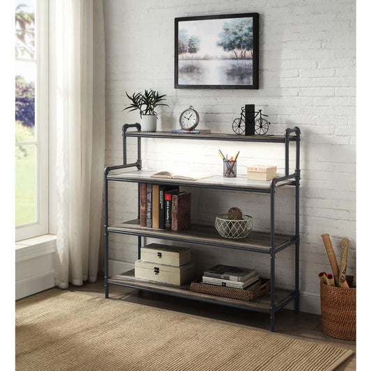 ACME Cordelia Built-in USB Port Book Shelf, LED, Antique Oak, Sandy Black & Dark Bronze Hand-Brushed Finish