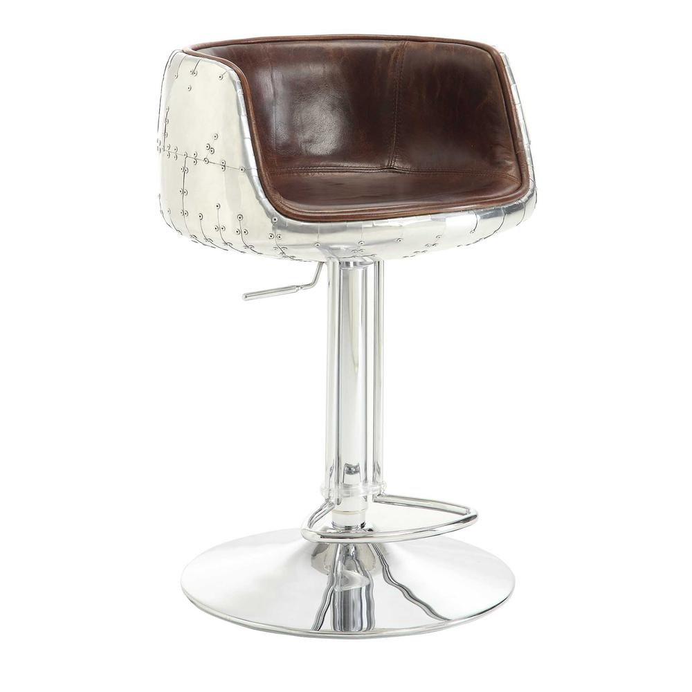 Brancaster Adjustable Stool w/Swivel (1Pc), Vintage Brown Top Grain Leather & Aluminum, 24~34" Seat Height (96555)"