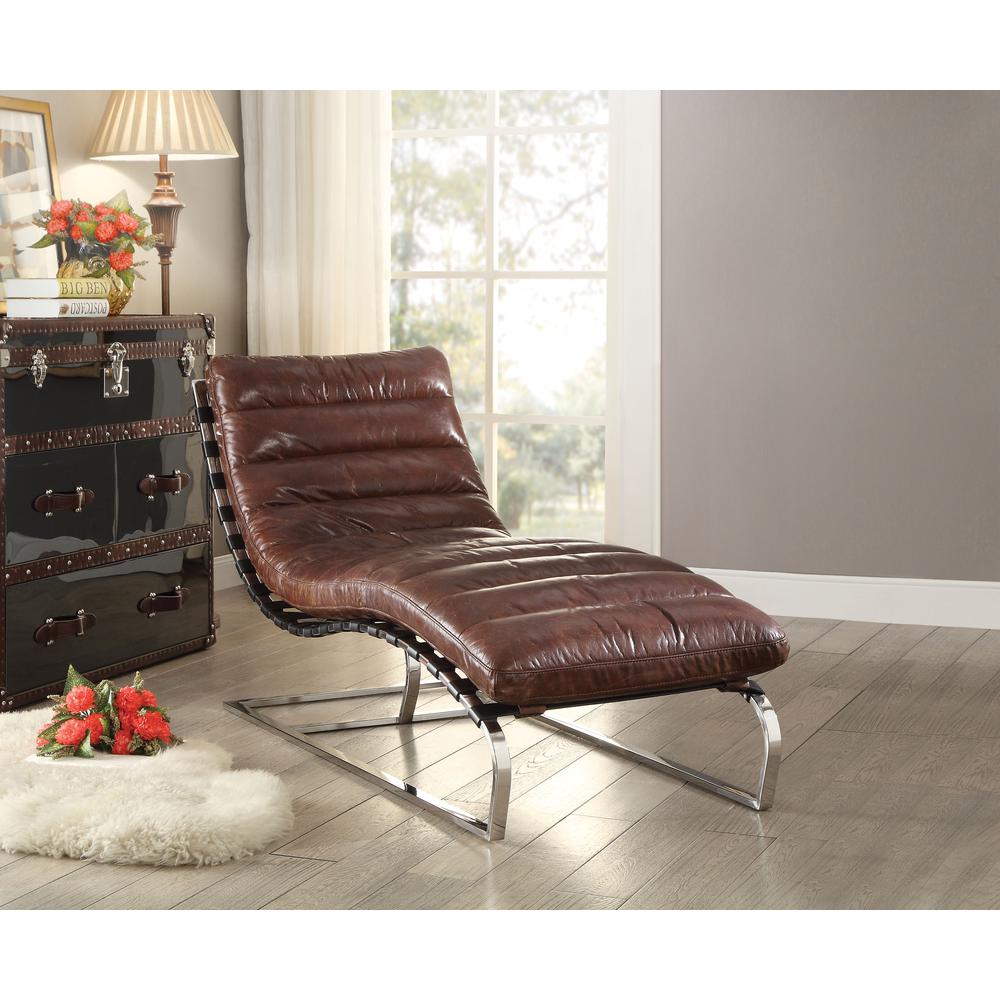 Qortini Chaise, Vintage Dark Brown Top Grain Leather & Stainless Steel (96670)