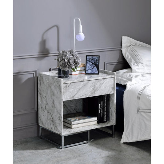 Accent Table, White Printed Faux Marble & Chrome Finish 97865