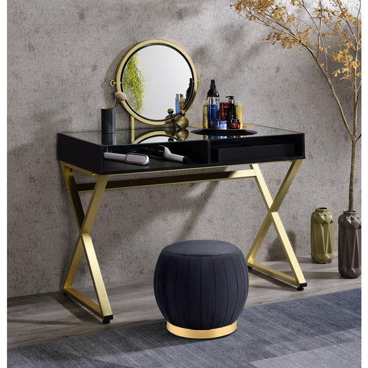 ACME Coleen Vanity Desk w/Mirror & Jewelry Tray, Black & Gold Finish