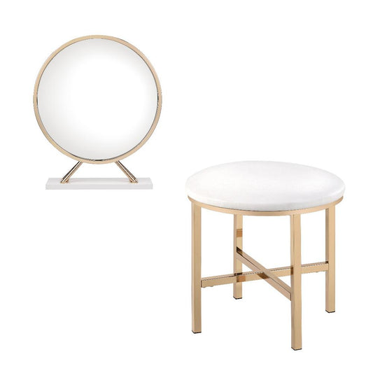 Midriaks PU, White & Gold Finish Mirror & Stool