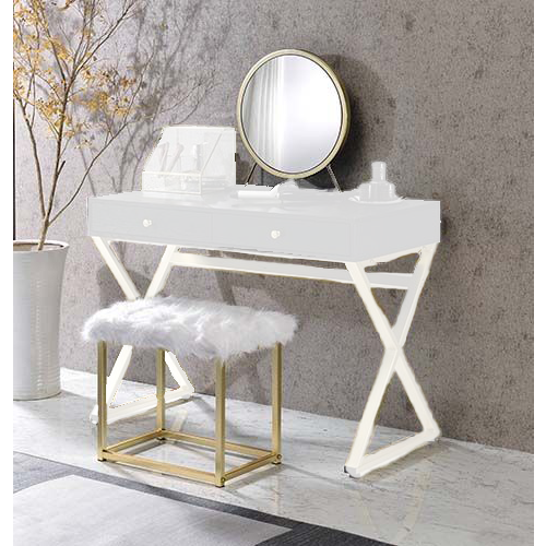 Adao Faux Fur, Mirror, Black & Brass Finish Vanity Mirror & Stool