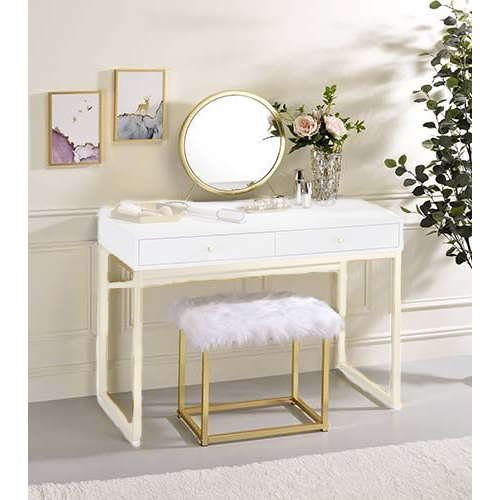 Adao Faux Fur, Mirror, White & Brass Finish Vanity Mirror & Stool