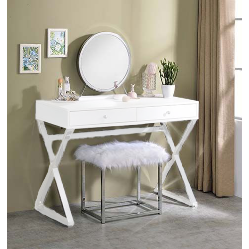 Adao Faux Fur, Mirror, White & Chrome Finish Vanity Mirror & Stool