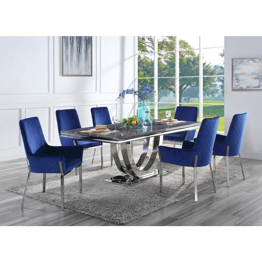 ACME Cambrie Dining Table, Faux Marble & Mirrored Silver Finish