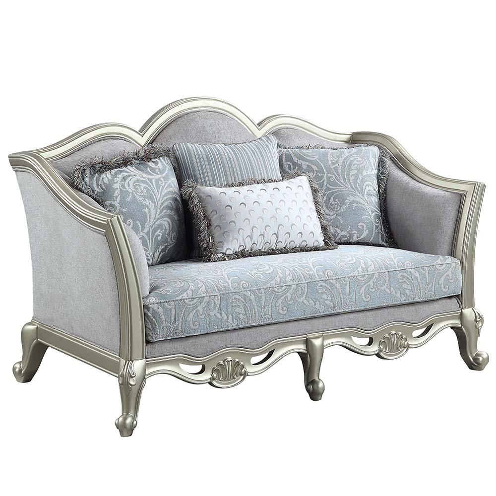 Qunsia Light Gray Linen & Champagne Finish Loveseat w/4 Pillows