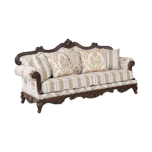 Nayla Pattern Fabric & Walnut Finish Sofa w/4 Pillows