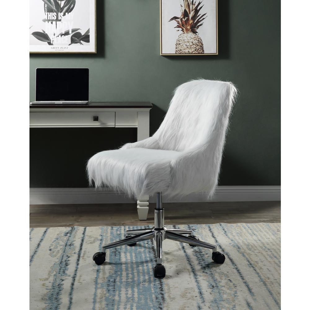 ACME Arundell II Office Chair, White Faux Fur & Chrome Finish