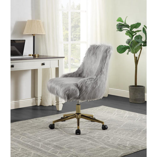 ACME Arundell II Office Chair, Gray Faux Fur & Gold Finish