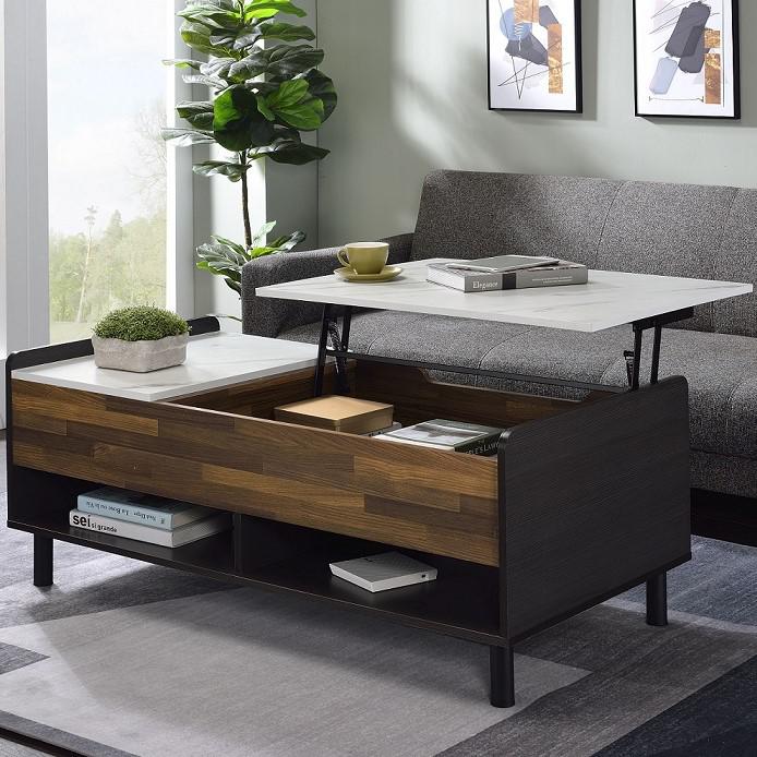 ACME Axel Coffee Table w/Lift Top, Marble, Walnut & Black Finish