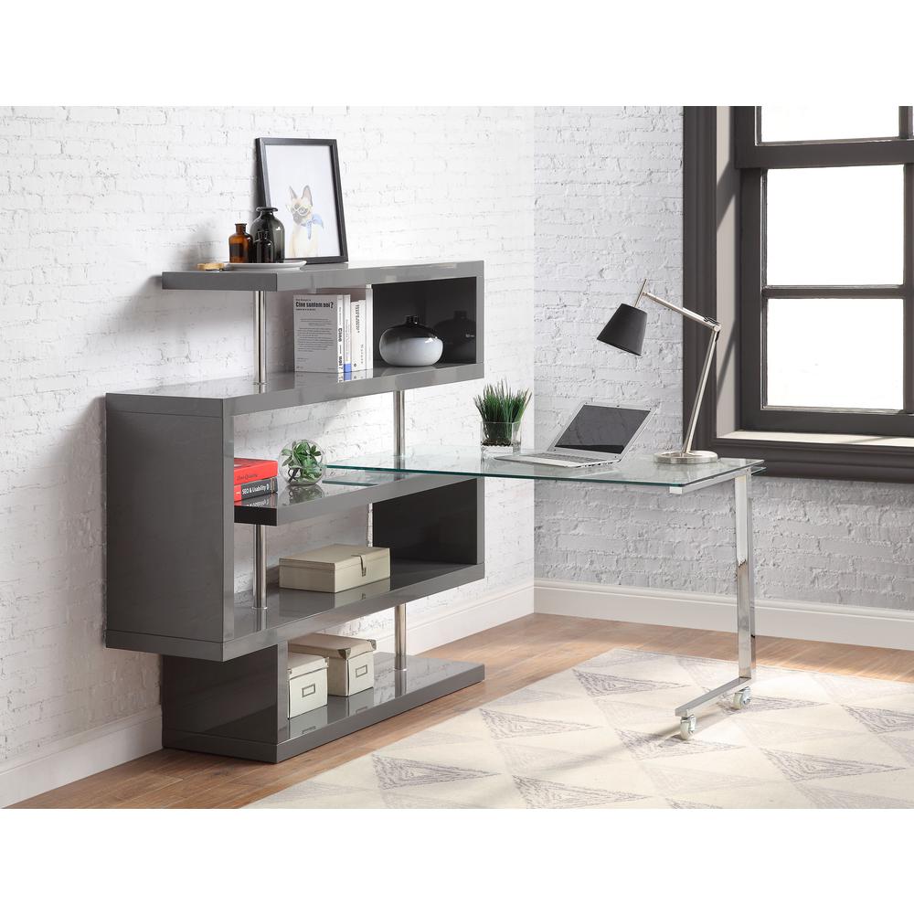 ACME Raceloma Writing Desk w/Shelf, Clear Glass, Chrome & Gray High Gloss Finish