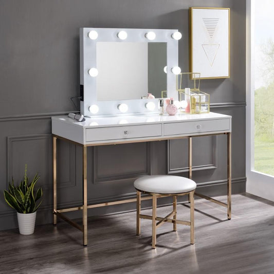 ACME Ottey Vanity Desk , White High Gloss & Gold Finish