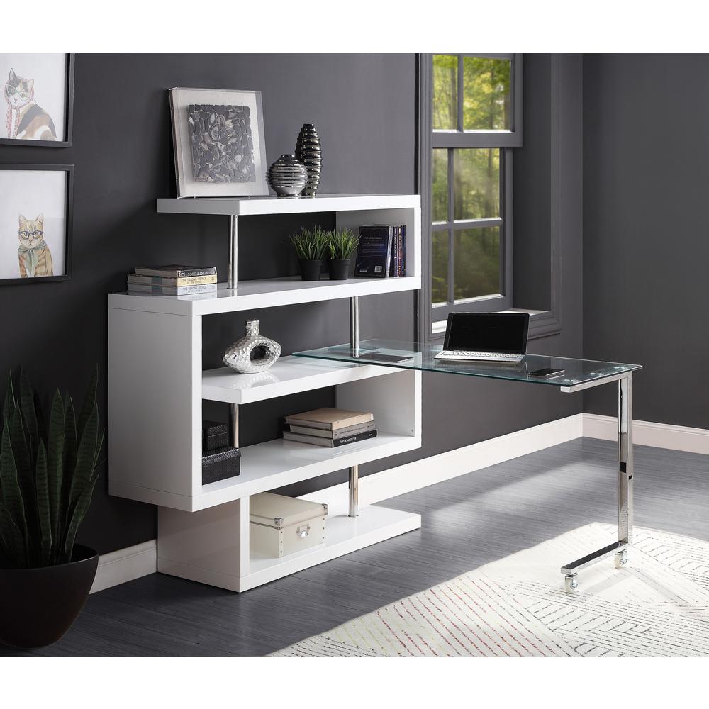 ACME Raceloma Writing Desk w/Shelf, Clear Glass, Chrome & White High Gloss Finish