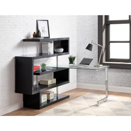 ACME Raceloma Writing Desk w/Shelf, Clear Glass, Chrome & Black High Gloss Finish