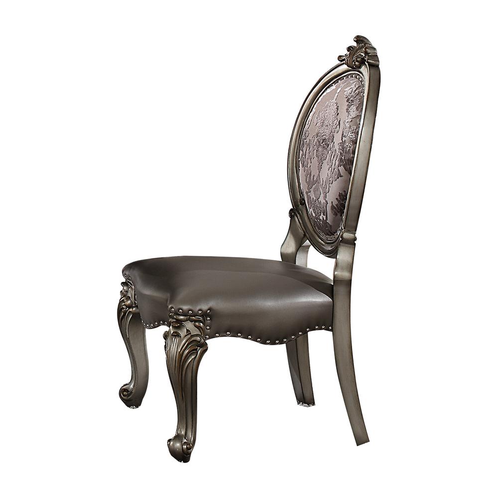 Versailles Side Chair (Set-2), Silver PU & Antique Platinum Finish