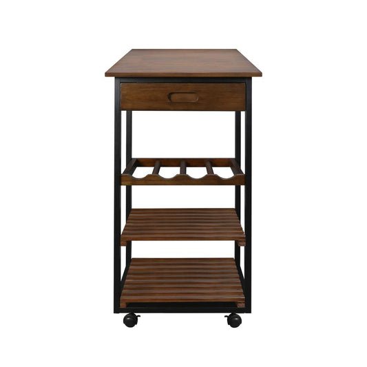 Solid Wood Small 4-Tier Rolling Kitchen Cart with Wine Rack and Drawer