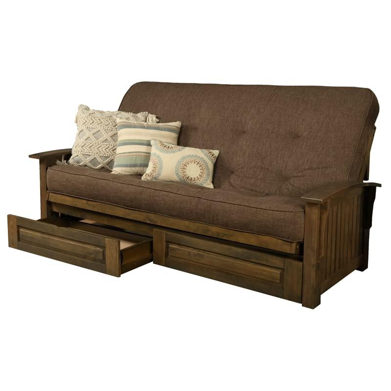 Washington Queen Frame-Rustic Walnut Finish-Linen Cocoa Mattress-Storage Drawers