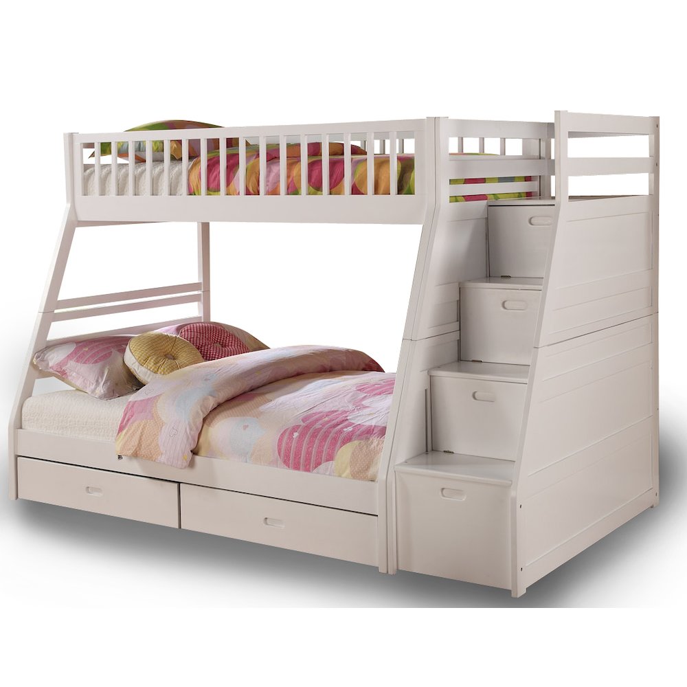 Hero Twin Over Full Bunk Bed with 2 Drawers and Staircase Storage - White