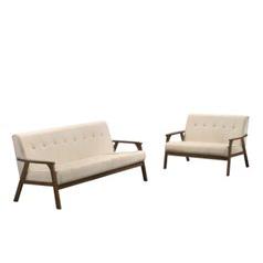 Iven Mid-Century Wood Arm Love Seat, Cream