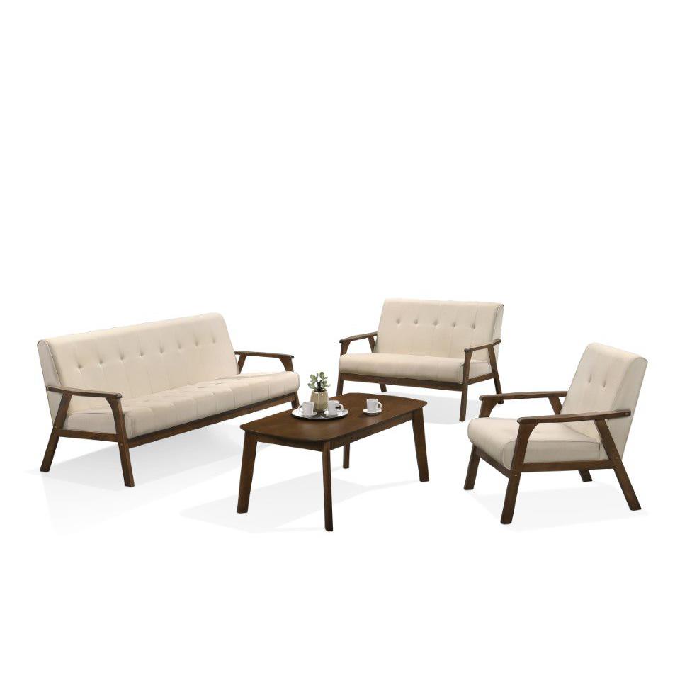 Iven Mid Century Wood Arm 4pc Living Room Set, Cream