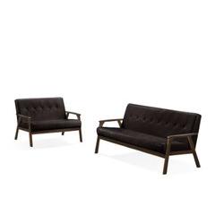 Iven Mid-Century Wood Arm Love Seat, Dark Brown