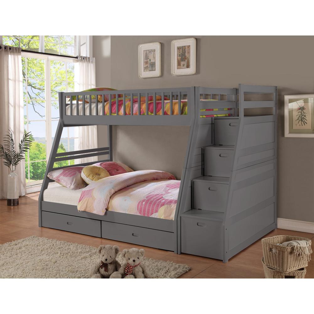 Sofia Twin Over Full Bunk Bed with 2 Drawers and Staircase Storage – Rustic Grey