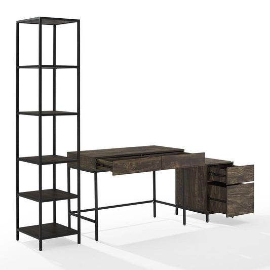 Jacobsen 3Pc File Cabinet, Desk And Etagere Set Brown Ash/Matte Black - Desk, File Cabinet, & Narrow Etagere