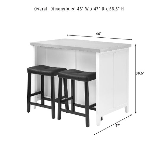 Silvia Stainless Steel Top Island W/Uph Saddle Stools White/Black - Kitchen Island & 2 Stools