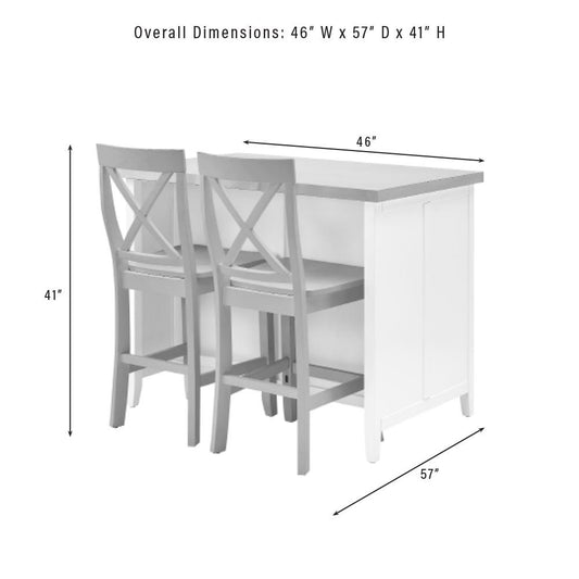 Silvia Stainless Steel Top Kitchen Island W/X-Back Stools White/Gray - Kitchen Island & 2 Stools