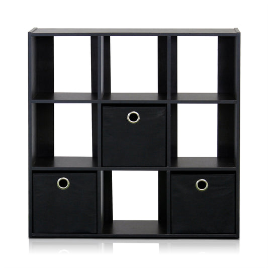 Simplistic 9-Cube Organizer with Bins, Espresso/Black