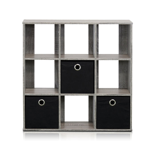 Simplistic 9-Cube Organizer with Bins, French Oak Grey/Black