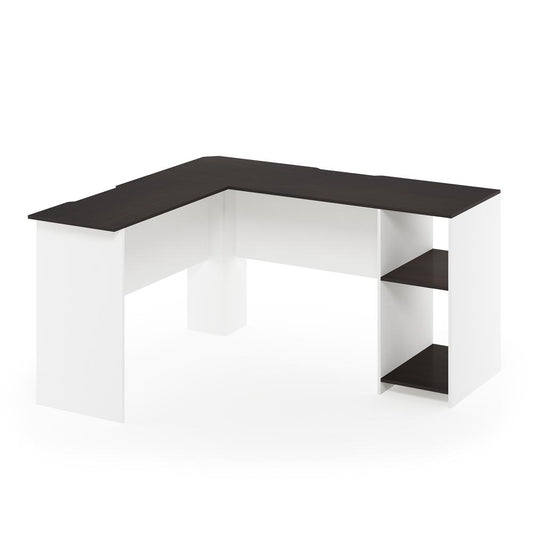 Furinno Indo L-Shaped Desk with Bookshelves, Espresso/White