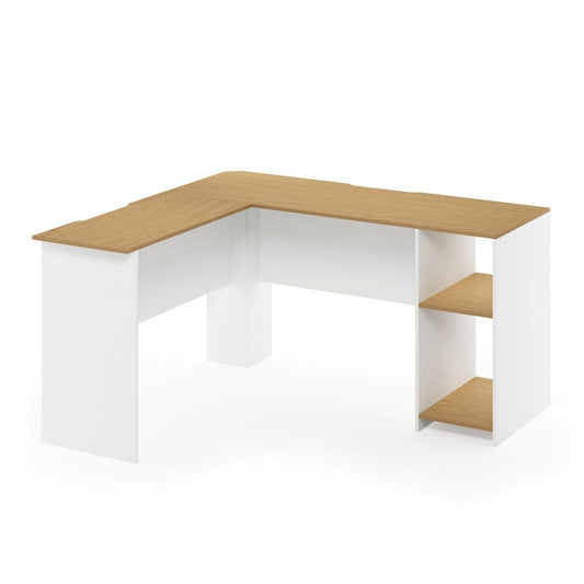 Furinno Indo L-Shaped Desk with Bookshelves, Natural/White