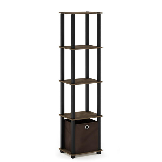 Furinno TNT No Tools 5-Tier Display Decorative Shelf with One Bin, Columbia Walnut/Black/Dark Brown