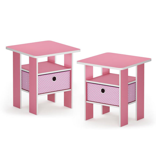 Furinno Andrey End Table Nightstand with Bin Drawer, Pink, Set of 2