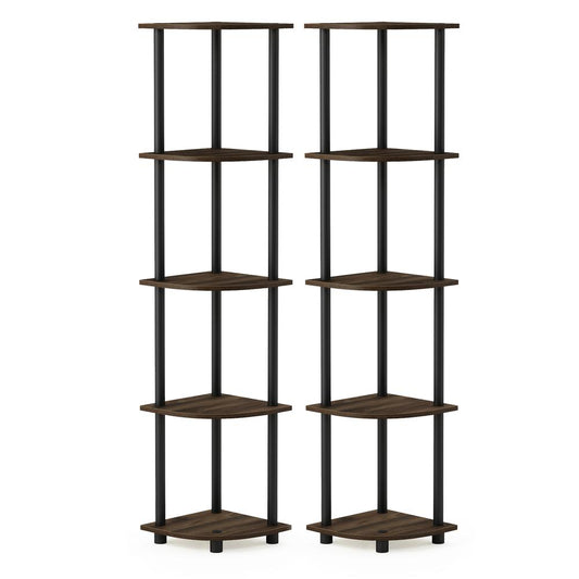 Furinno Turn-N-Tube 5 Tier Corner Display Rack Multipurpose Shelving Unit, Columbia Walnut/Black, Set of 2