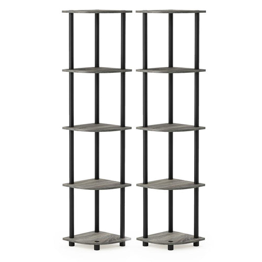 Furinno Turn-N-Tube 5 Tier Corner Display Rack Multipurpose Shelving Unit, French Oak Grey/Black, Set of 2