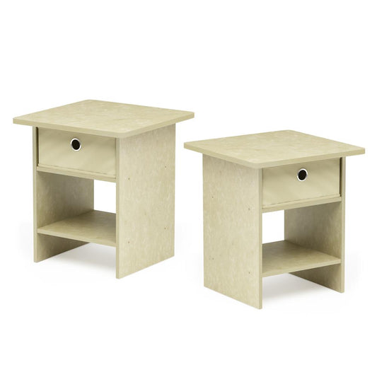 Furinno End Table/ Night Stand Storage Shelf with Bin Drawer, Cream Faux Marble/Ivory, Set of 2