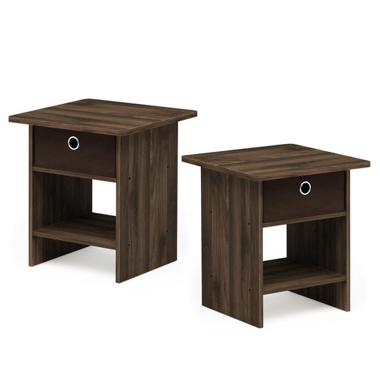 Furinno End Table/ Night Stand Storage Shelf with Bin Drawer, Columbia Walnut/Dark Brown, Set of 2