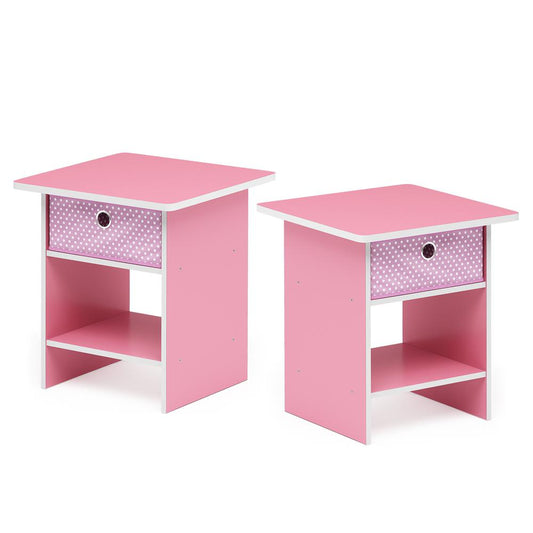 Furinno End Table/ Night Stand Storage Shelf with Bin Drawer, Pink/Light Pink, Set of 2