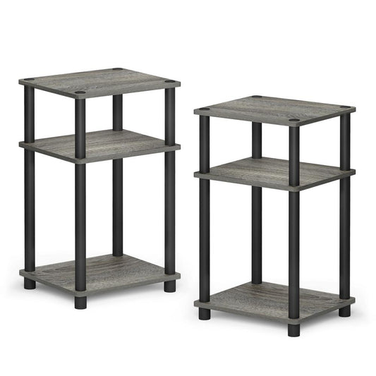 Furinno Just 3-Tier Turn-N-Tube End Table 2-Pack, French Oak Grey/Black