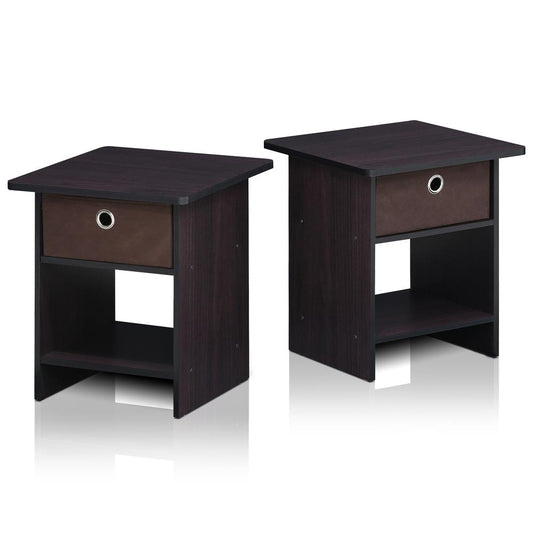 Furinno 2-10004DWN End Table/ Night Stand Storage Shelf with Bin Drawer, Dark Walnut, Set of two