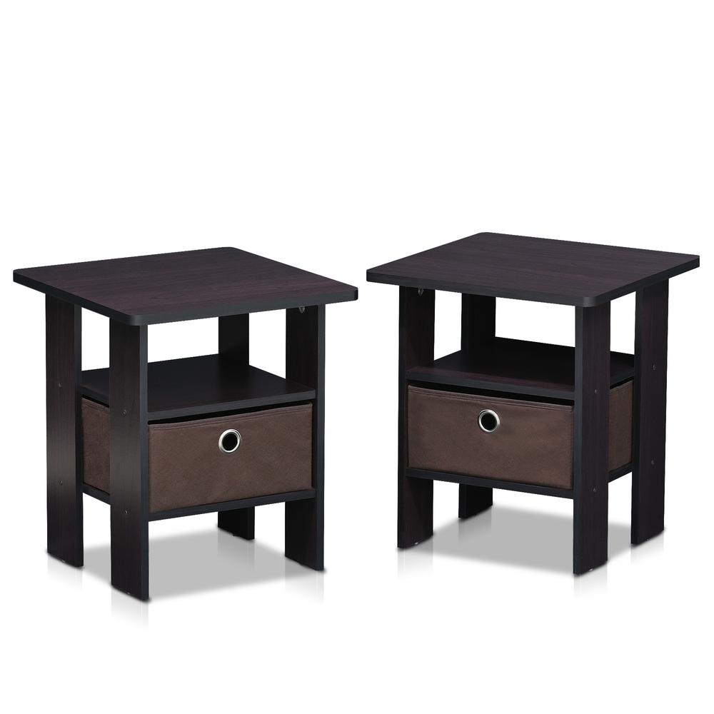 Furinno Andrey End Table Nightstand with Bin Drawer Set of 2, Dark Walnut, 2-11157DWN