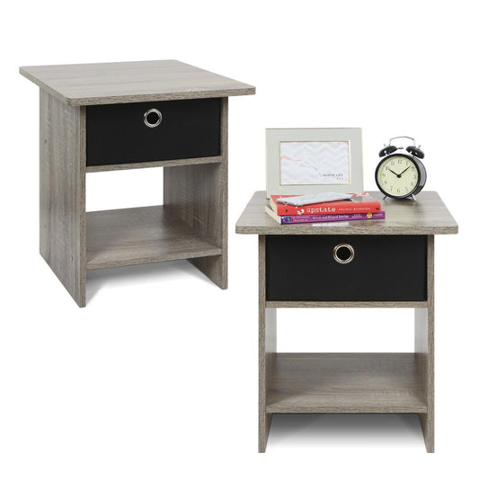 Furinno 2-10004GYW End Table/ Night Stand Storage Shelf with Bin Drawer, French Oak Grey/Black, Set of two