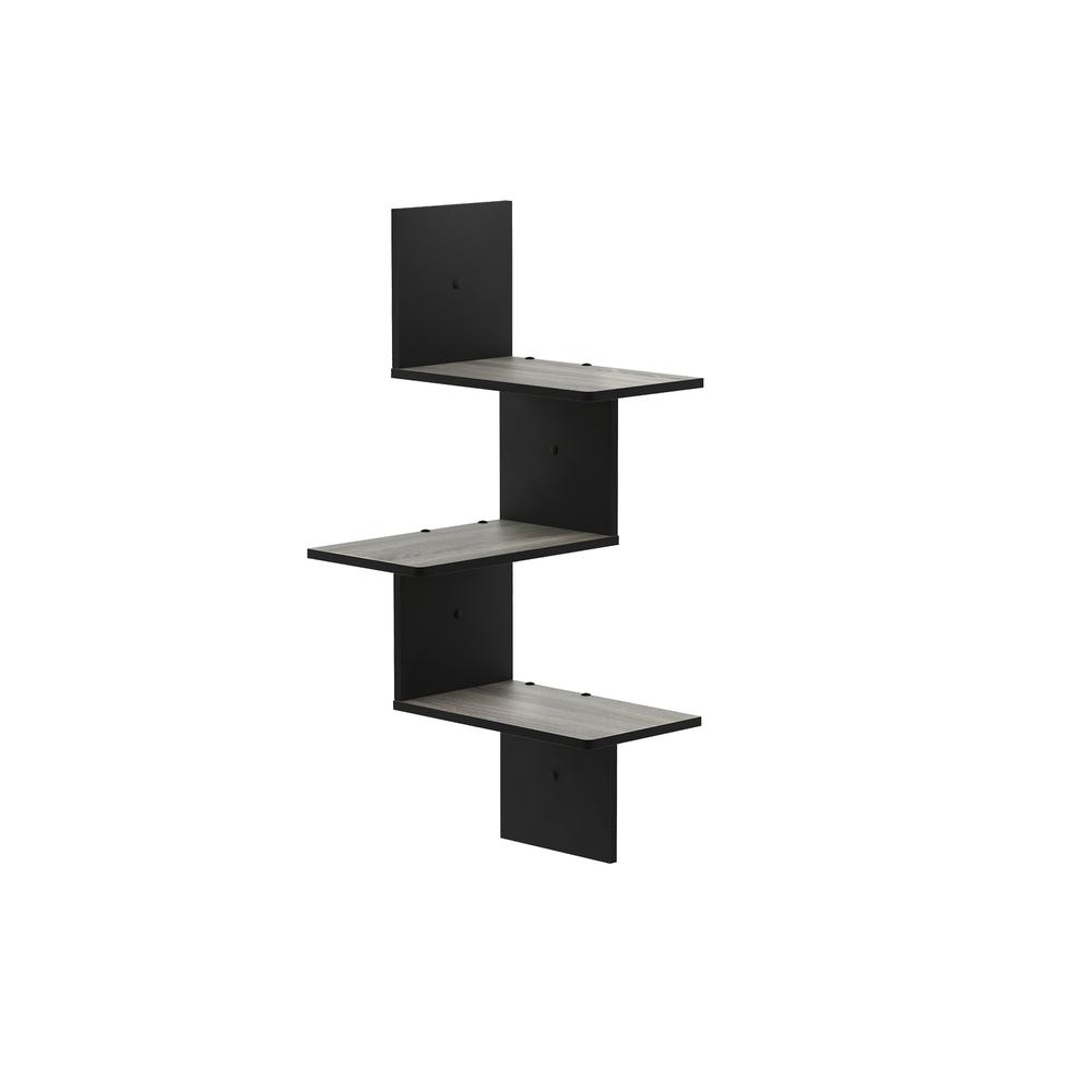 Rossi Modern 3-Tier Wall Floating Corner Shelf, French Oak Grey/Black