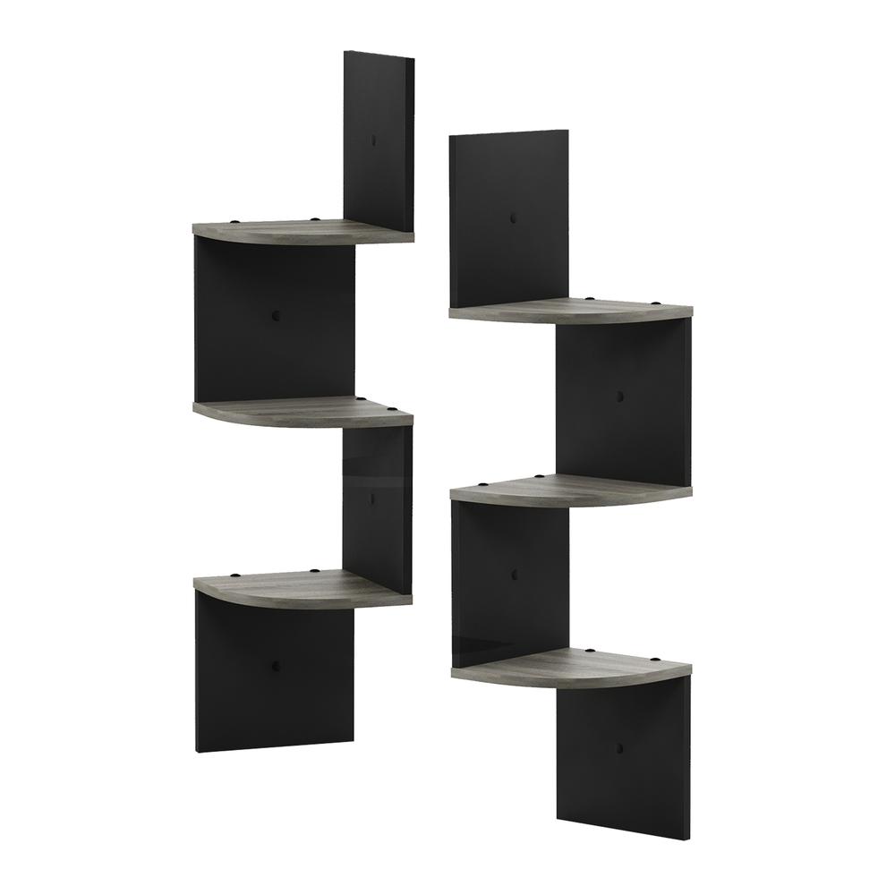 3 Tier Wall Mount Floating Corner Radial Shelf, Set of 2, French Oak Grey/Black