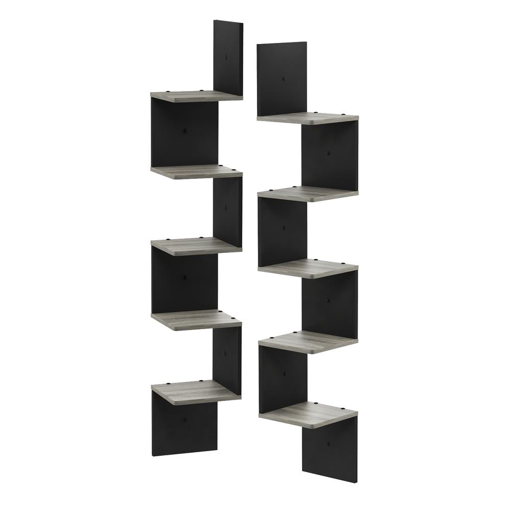 3 Tier Set of 2 Wall Mount Floating Corner Square Shelf, French Oak Grey/Black