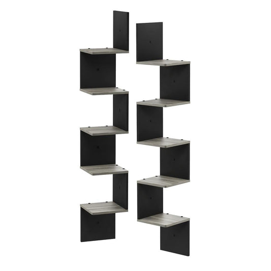 3 Tier Set of 2 Wall Mount Floating Corner Square Shelf, French Oak Grey/Black