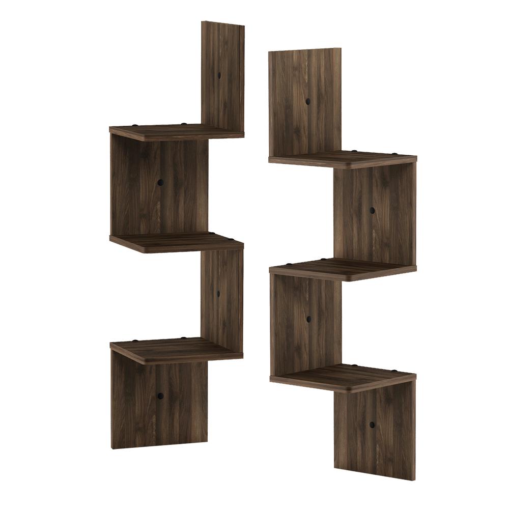 3 Tier Set of 2 Wall Mount Floating Corner Square Shelf, Columbia Walnut